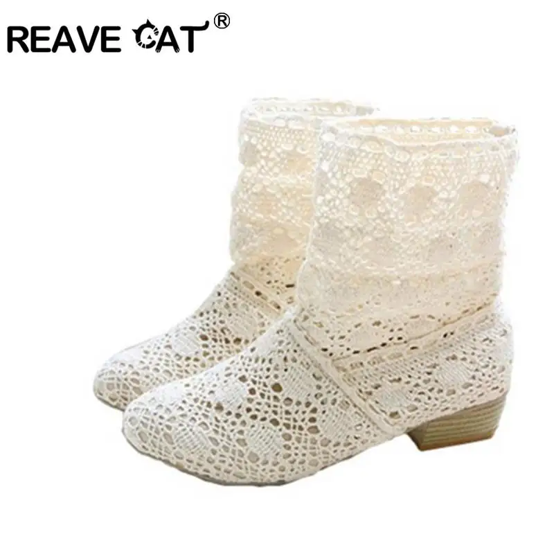 

REAVE CAT women boots summer boots booties Cutout lace boots big size 40 42 41 hollow out fashion women shoes Beige Black RL386