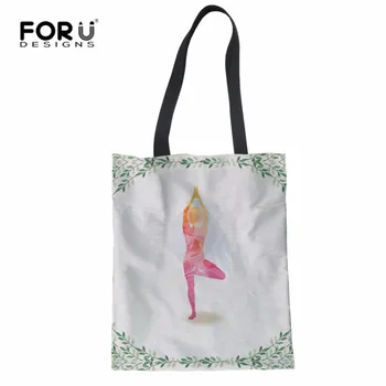 

FORUDESIGNS Yoga Canvas Tote Bag Handmade Cotton Canvas Shopping School Books Trip Bag Women Shoulder Bag Shopping Bags