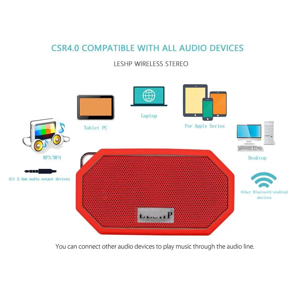 LESHP портативный водонепроницаемый противоударный беспроводной динамик с микрофоном красный