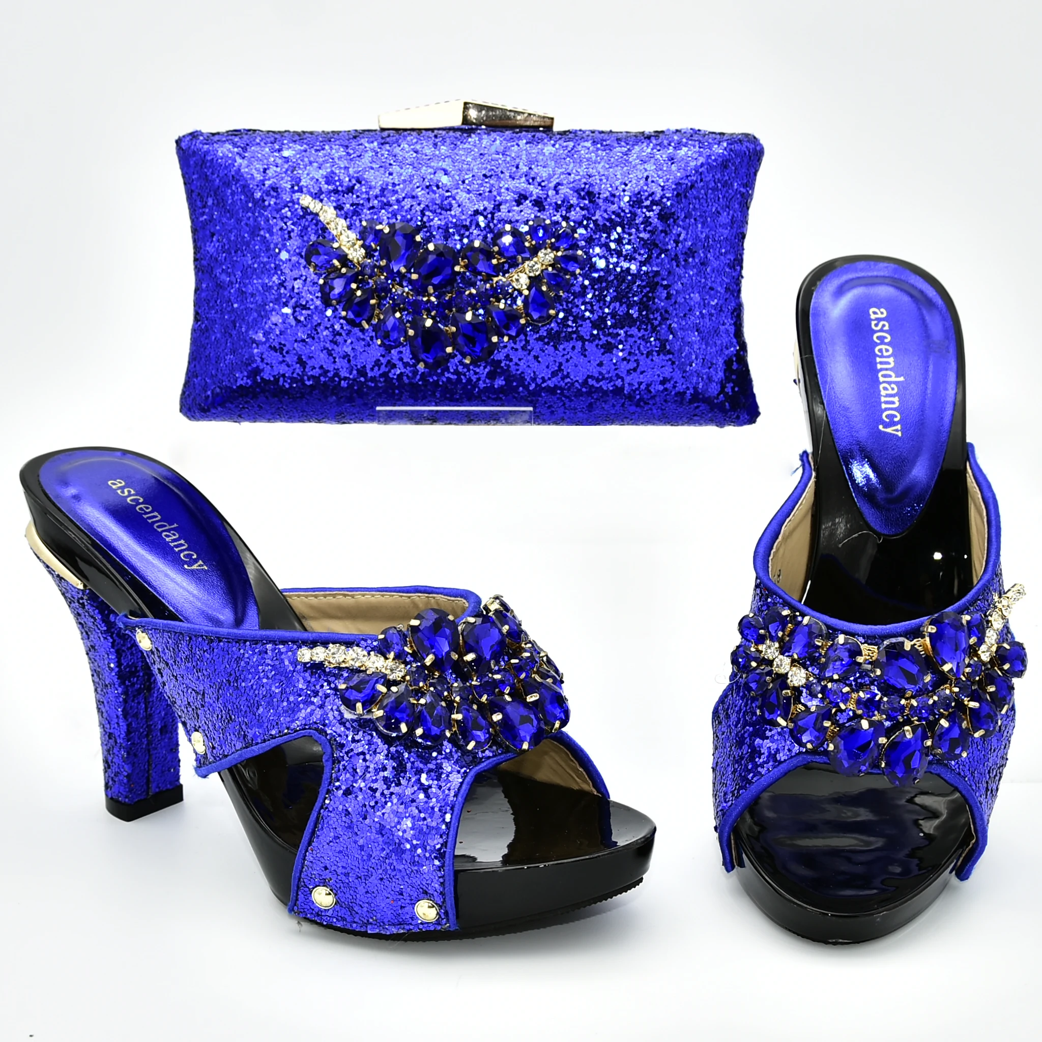 

Royal blue nice fashion lady slippers shoes clutches bag set in 2019 with many rhinestones italian shoes and bag set SB8394-3
