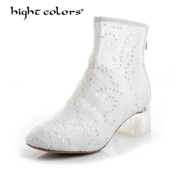

Size 34-39 New Fashion Women Ankle Boots Square heel Zipper Sexy Lace Mesh Boots Summer Cool Boots Breathable Women's Shoes