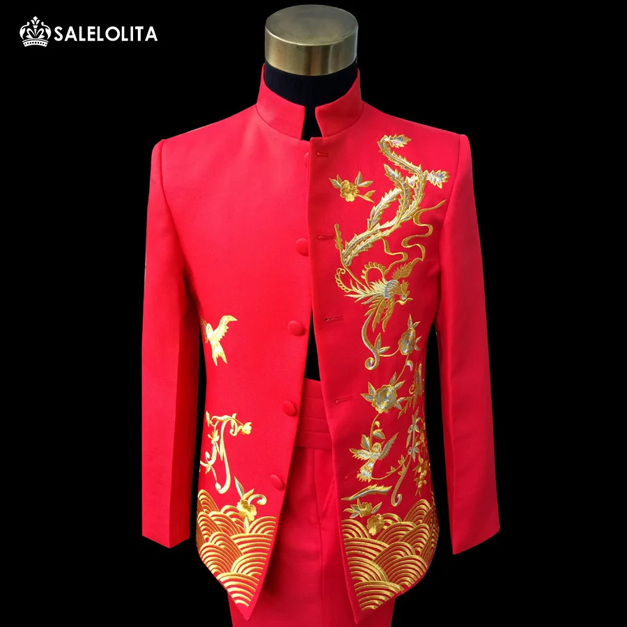 red Embroidered Chinese tunic Suit wedding performance show Suit ...