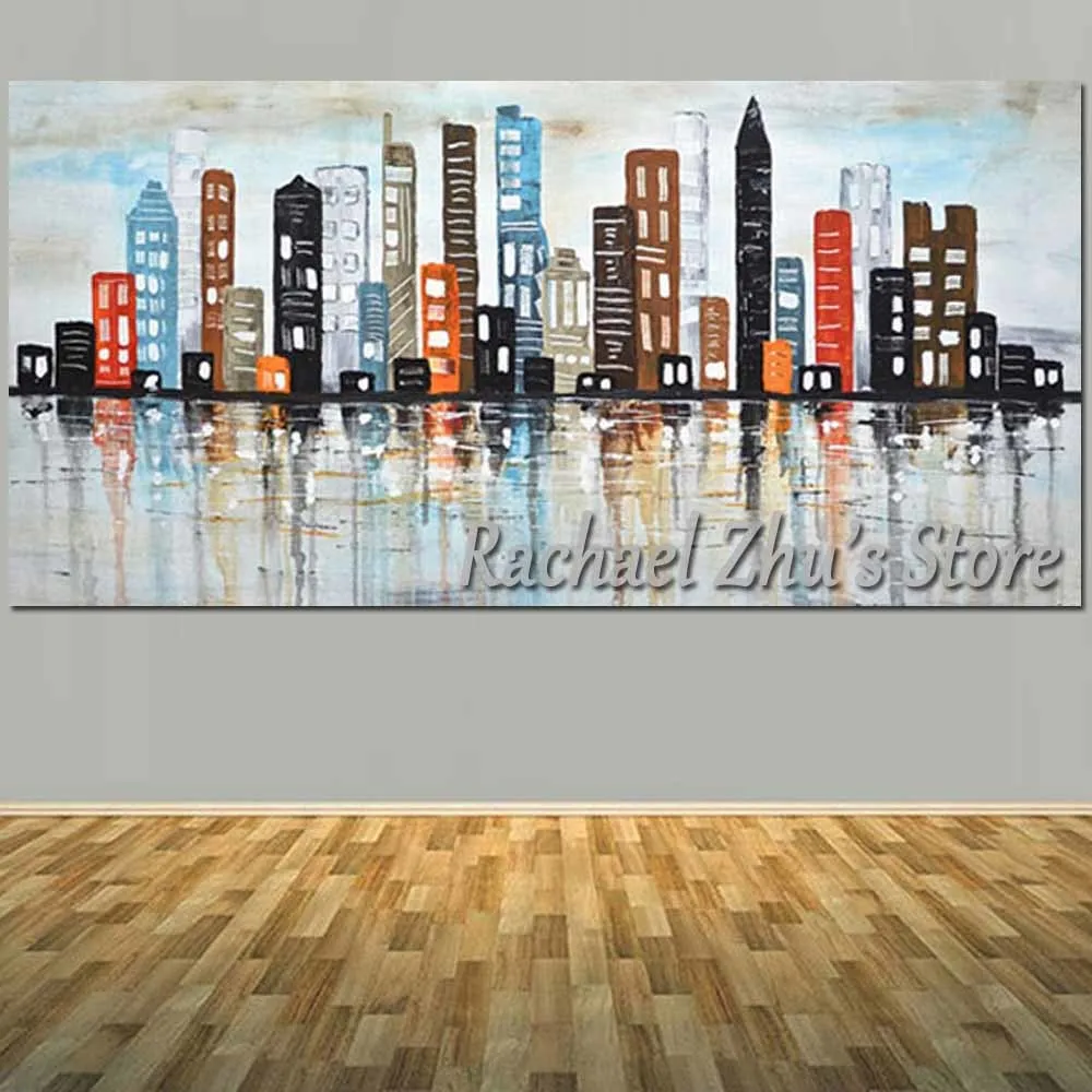 

Large Size Hand Painted Abstract Colorful Building Oil Painting On Canvas Blue And Red Building Wall Picture Living Room Decor
