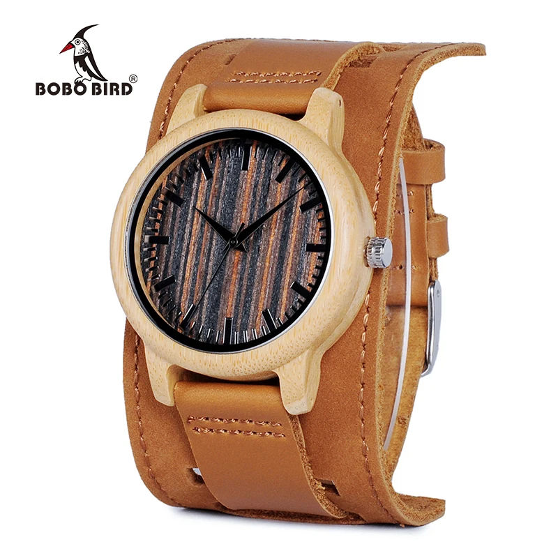 BOBO BIRD V-H08 Bamboo Wooden Watches Mens Quartz Outdoor Sport Watches Clock With Leather Strap Relojes Hombre