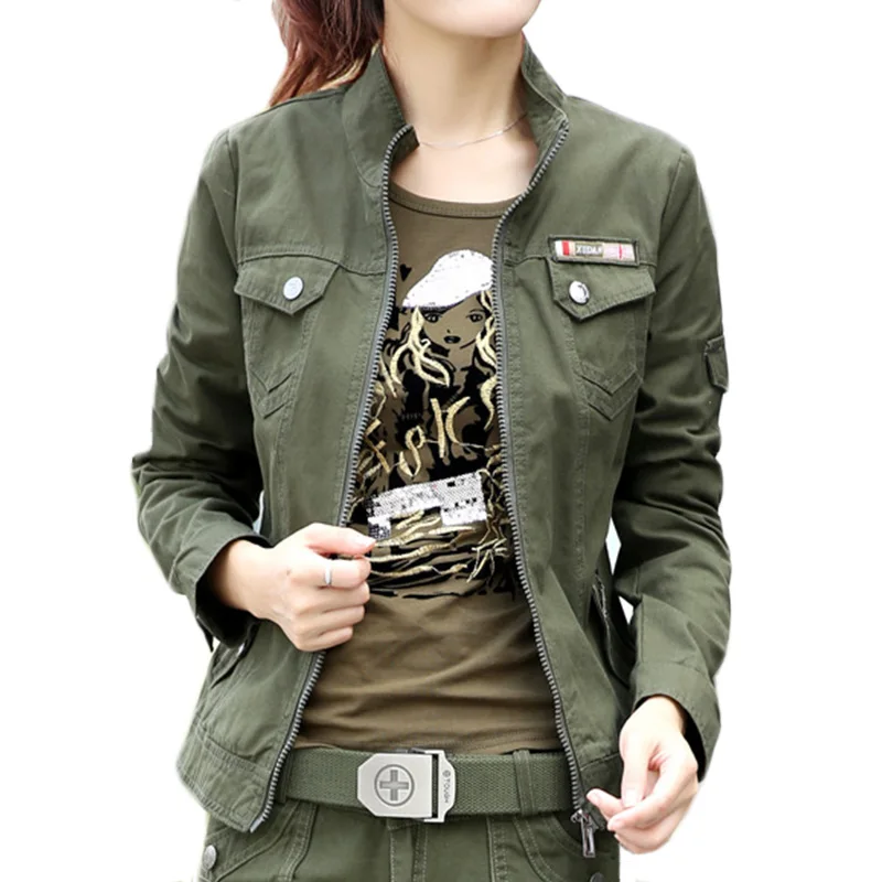 

2019 Spring Casual Jacket Women Military Style Plus Size Cargo Jacket Army Green Jackets Stand Collar 100% Cotton Army Jacket