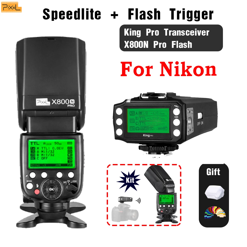 

Pixel X800N Pro Flash Speedlite +King Pro Transceiver Wireless TTL Flash Trigger For Nikon High Speed Sync 2.4G Hot shoe Flash