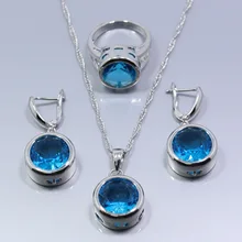 Мэнни натуральный голубой кристалл круглый 925 Серебряные ювелирные изделия набор серьги Цепочки и ожерелья цепь кулон кольцо для Для женщин подарочная коробка T57