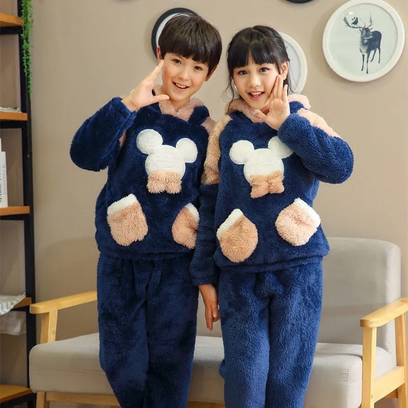 

Winter Children's Clothing Girl Mickey Cartoon Pajamas Suits Boy Plush Warm Home Clothes Thickened Nightwear Kid Girl Pajamas