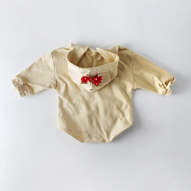 Милые комбинезоны из хлопка с длинными рукавами и капюшоном для новорожденных, детские повседневные Комбинезоны с милым бантом, От 0 до 2 лет