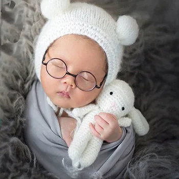 

Newborn Baby Girl Boy Crochet Bear Hat+Doll Sets Photography Props Infant Photo Shoot Cartoon Cap bebe fotografie Accessories