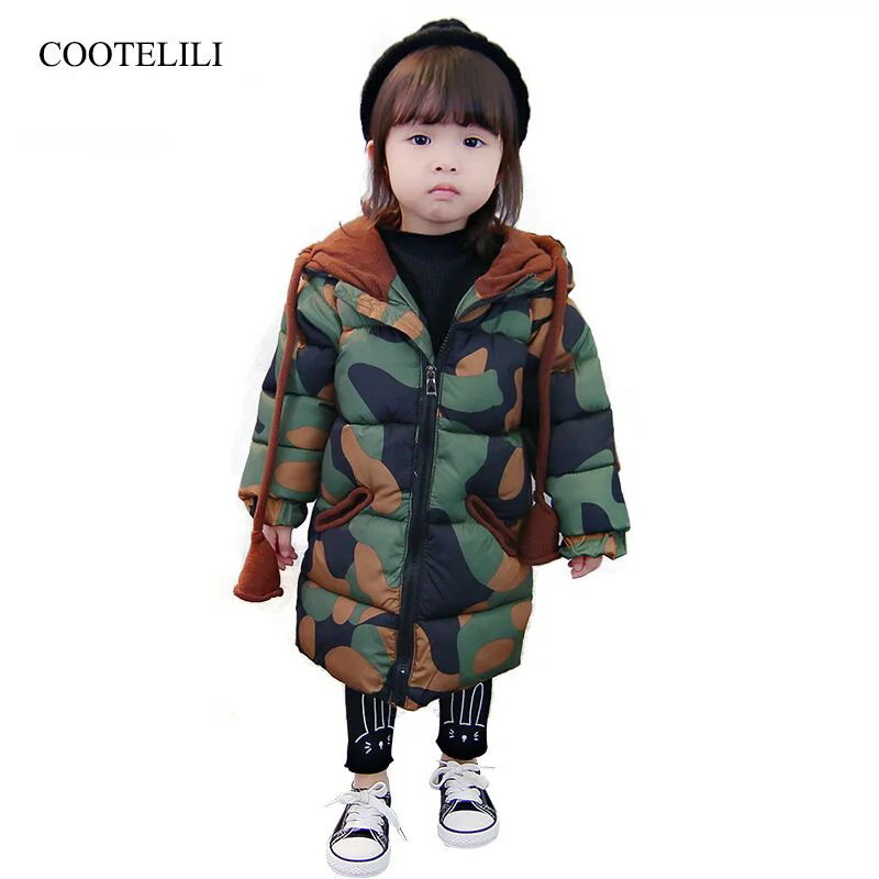

COOTELILI 73-120cm Fashion Camouflage X-long Winter Jackets Girls Hooded Warm Thicken Coat For Boys Windproof Kids Clothes