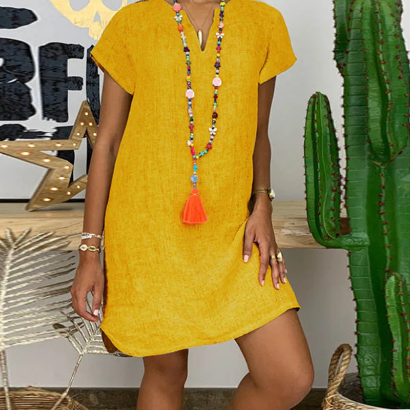 Fanbety 5XL однотонное хлопковое льняное мини-платье женское летнее сексуальное платье свободного кроя с v-образным вырезом и коротким рукавом женское повседневное пляжное платье размера плюс - Цвет: yellow