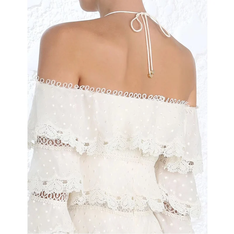 Volants Point Soie Hors Coton Blanc Peint Broderie De Cascade En D'été Shouder Coeur White Robe Mini Vague Et Femmes À Dentelle nAwnOvqfI