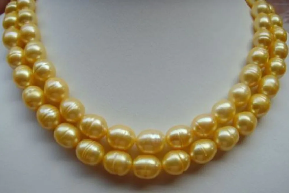 

shippingreal charming 2 ROWS 11-13mm south sea golden pearl necklace 17inch . yellow 14KGP