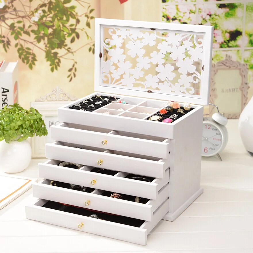

Top Fashion Jewelry Box Carved Organizer Organizador Solid Wood Cosmetic Box Storage Princess Decoration Eco-friendly Rectangle