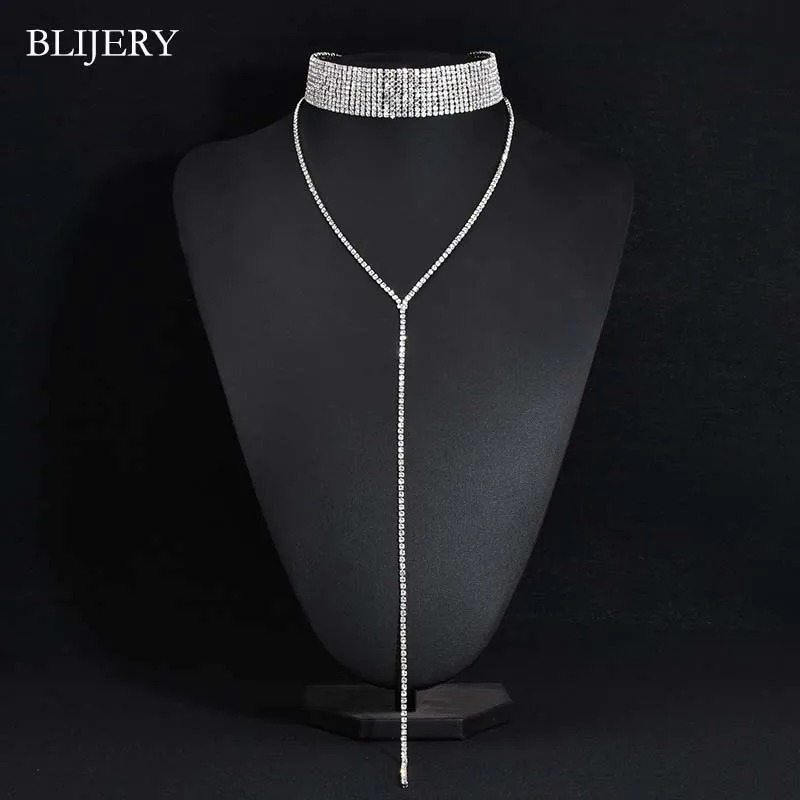 BLIJERY сексуальный серебряный цвет украшенный стразами длинное кистовое ожерелье для женщин эффектное колье ожерелье Свадебные украшения для выпускного