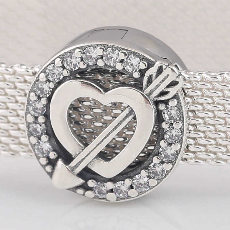 

925 Sterling Silver Reflexions Asymmetric Heart & Arrow Charm, Clear CZ Fit Pandora European Bracelet Jewelry