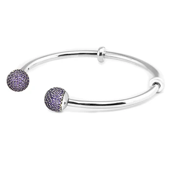 

Open Cuff Bangle Silver 925 Jewelry Pulseras mujer Purple CZ Pave Ball Cap Charm Bangle Bracelets for Women Jewellery