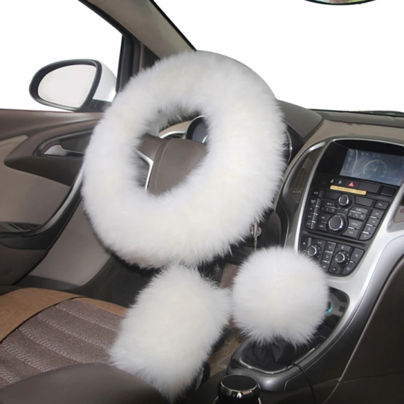 

YIKA Universal Auto Interior accessories 3pcs/set 38cm Warm long Wool fur Plush Steering Wheel Cover Woolen Winter