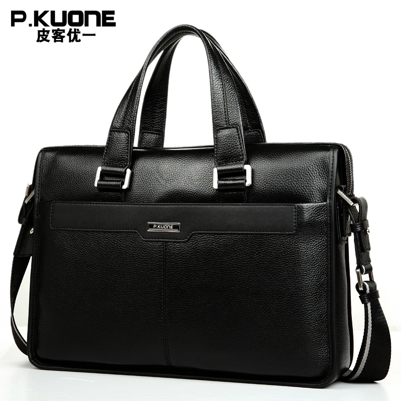 P. KUONE ماركة الطبيعي جلد أصلي للرجال حقيبة 14 \