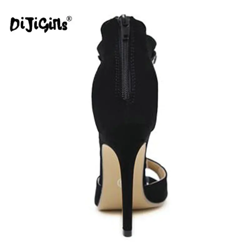 Dijigirls/женские замшевые босоножки на высоком каблуке, украшенные черными кристаллами; пикантные босоножки-гладиаторы с открытым носком и ремешком на щиколотке, стразы