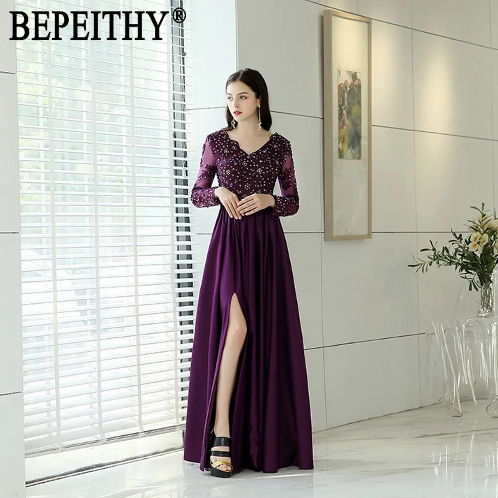 BEPEITHY vestido de festa Новое поступление элегантные кружевные бусы с v-образным вырезом Фиолетовый атласный пояс сексуальный длинный рукав с разрезом вечерние платья