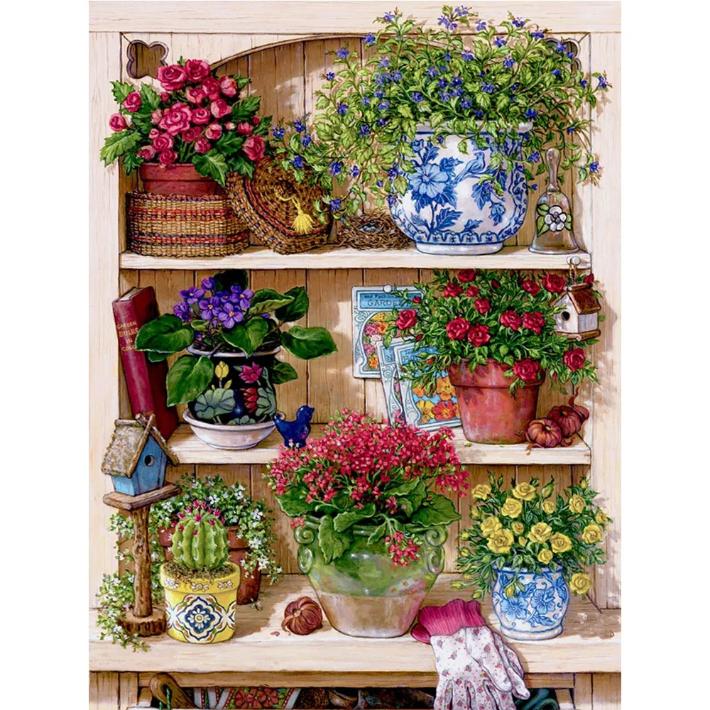 

Diamond Embroidery Warm Home Flower On The Shelf DIY Diamond Paintings Mosaic Picture Pattern Cross Stitch Full Rhinestone Y257