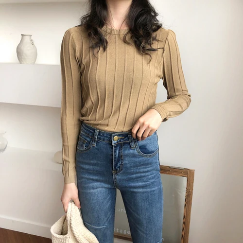 

2019 Pullover Feminino Slim O-Neck Long Sleeve Knitted Sweater Thin Solid Color Sweater