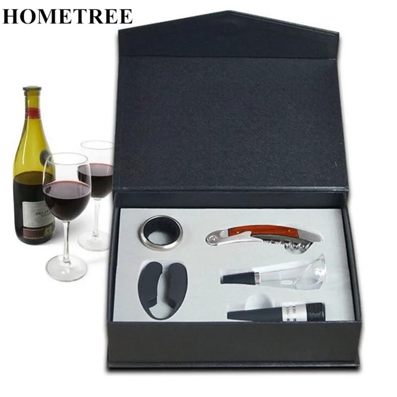 

HOMETREE 5pc/set Wine Bottle Gift Set Opener Stopper Drip Ring Foil Cutter Wine Pourer Wine Tool Set Corkscrew & Accessory H345