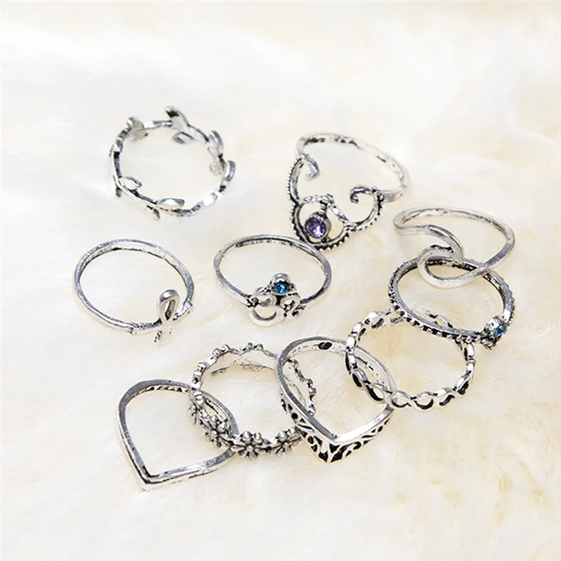 

10 Pcs/Set Vintage Flower Midi Ring Set Silver Gold Color Boho Beach Vintage Turkish Punk Knuckle Rings for Women