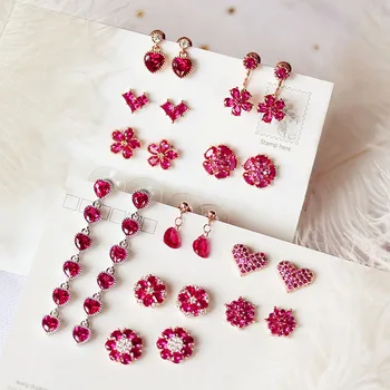 

Fashion Cute heart Red Cubic Zirconia Water Drop Earrings Small Flower Crystal Stone Women Long Earrings Young Girl Children