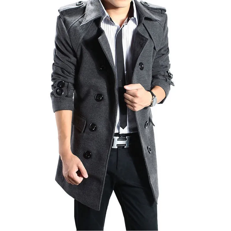 

High Quality Urban Wool Blend Coat Trench Coat Men's Winter Long Double Breasted Wool Thick Solid Color Warm Slim Stand Collar