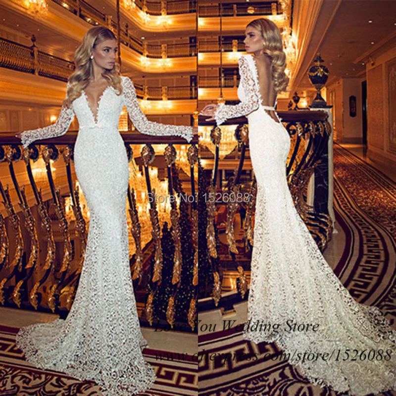 

Sexy Russian Mermaid Berta Wedding Dress 2015 Lace Bride Dresses Long Sleeve Deep V Neck Backless Women Vestido de Noiva Sereia