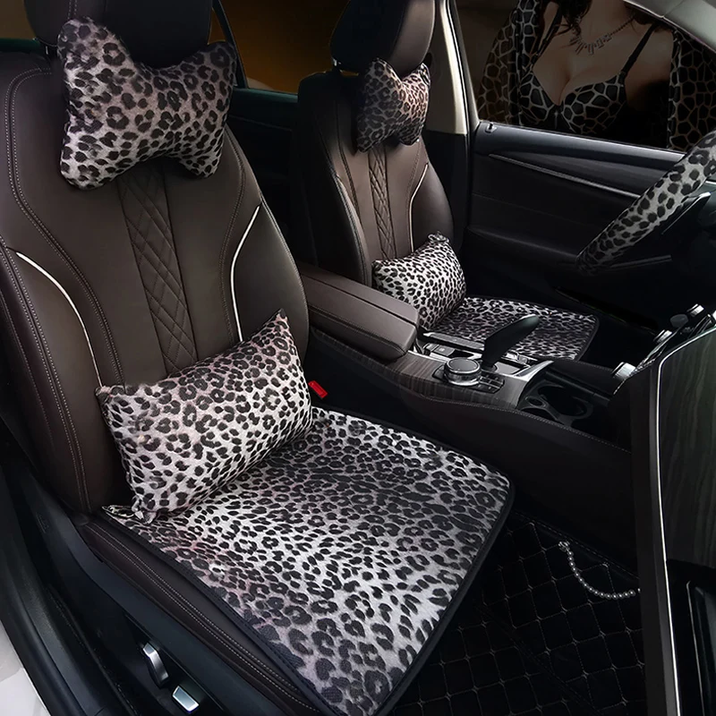 

New Grey Leopard Print Universal Car Seat Covers Women Short Plush Vehicle Seat Cushion Styling Car Seat Interior Accessories