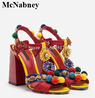 

Metal Rivet Rhinestone Flower T-tied Summer Ladies Shoes Ankle Buckle Strap Sandals European Peep Toe Square Heel Women Shoes