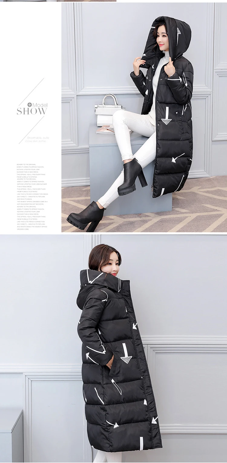 Хлопковое длинное зимнее пальто до колена нового размера плюс, корейское тонкое пальто, зимняя одежда с принтом, женские теплые парки с капюшоном, MZ1738