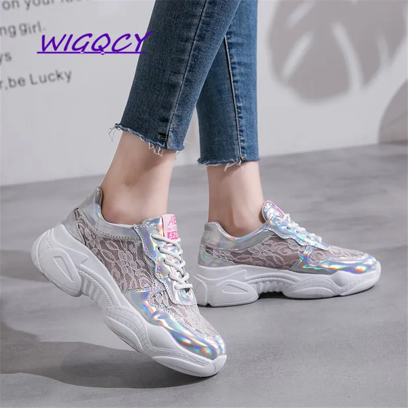 

Breathable Mesh Bling White sneakers women 2019 Autumn Summer shoes women Fashion Colorful Laser casual Lace-Up female shoes