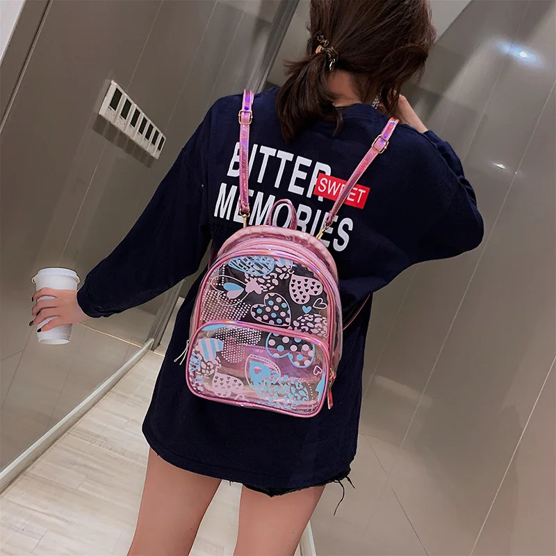 Harajuku 2019 милый прозрачный розовый принт с сердцем Модный женский рюкзак Летняя