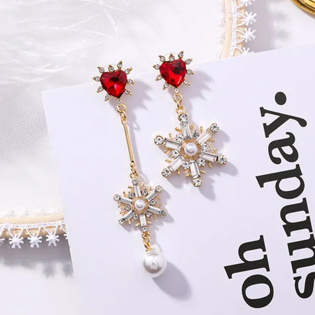 Women Girls Christmas Earrings Sweet Red Crystal Love Heart Rhinestone