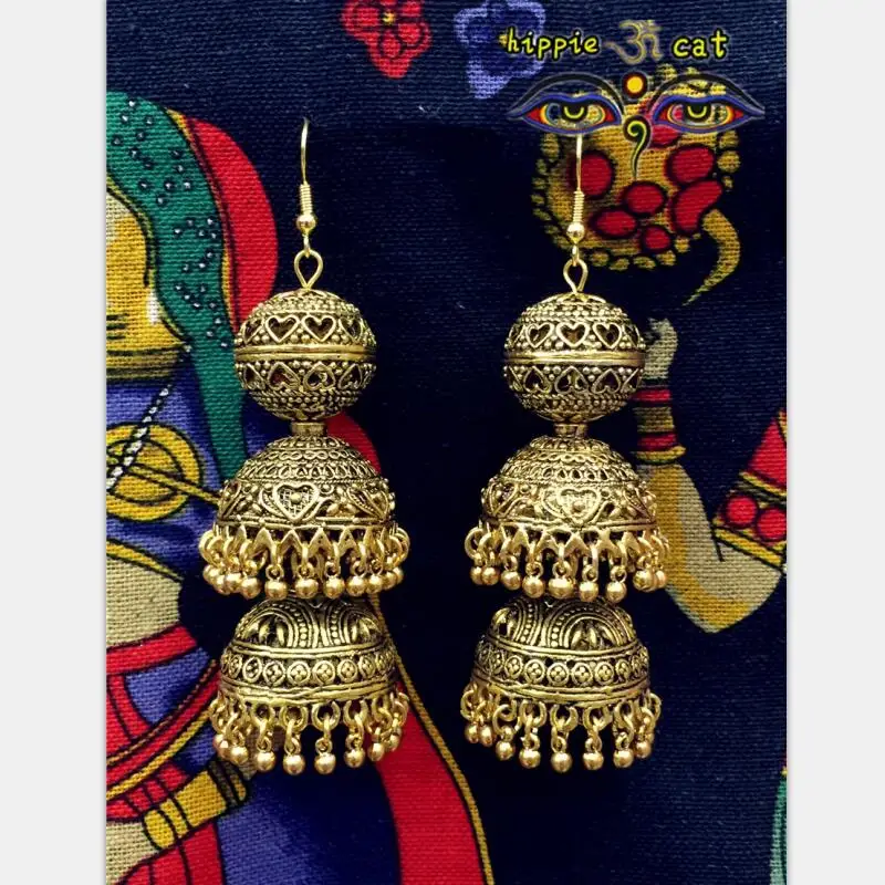 Original India Middle East Birdcage Earrings. Handmade Ancient Large Birdcage Hippie Tribal Jewelry Golden India, Egypt Thailan