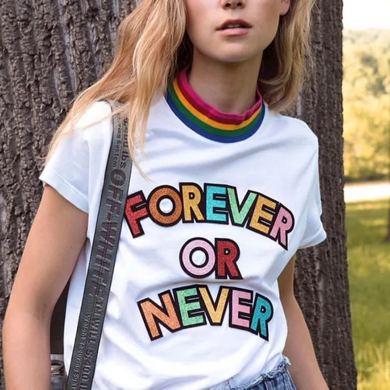 

Factory 2019 New Cotton Funny T Shirt Rainbow Striped Colorful Bright Letter Summer Women Short Sleeve Female T-shirt harajuku