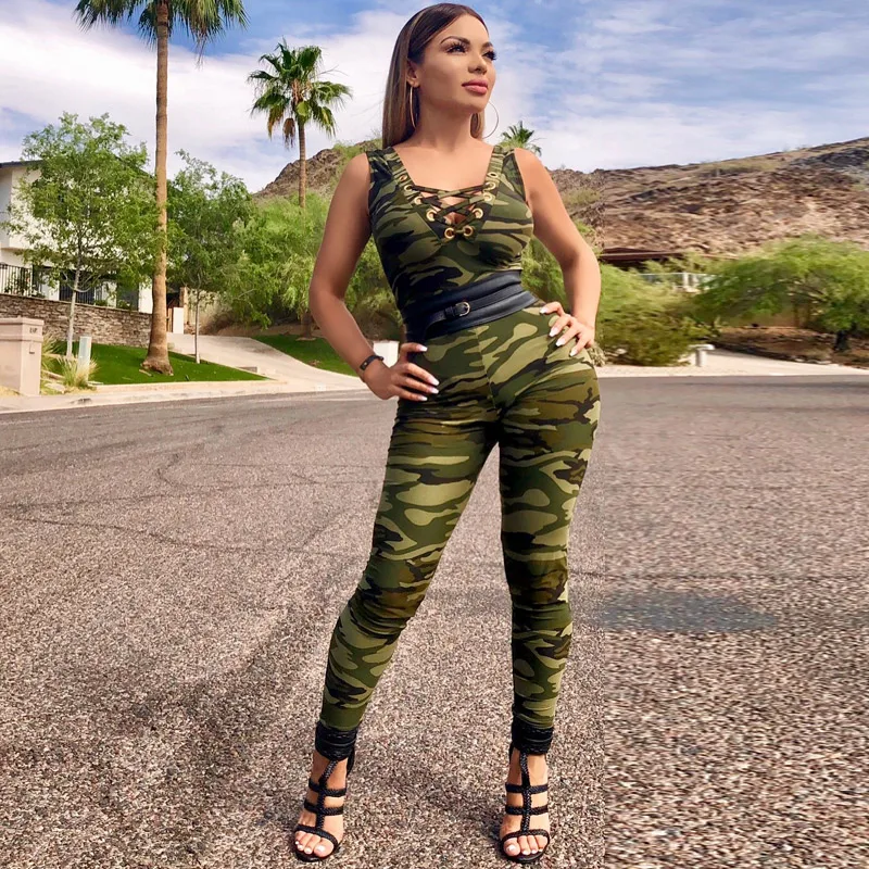 

Women Camouflage Strap Jumpsuit Tank Top V Neck Long Pants One Piece Romper Camo Military Overalls Tight Plus Size Streetwear