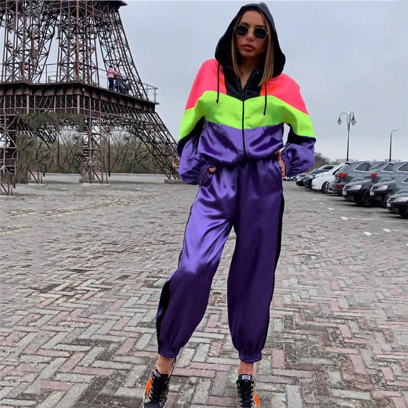 

COKAGO Autumn Tracksuit Women 2 Pieces Casual Sportwear Patchwork Zipper Hooded Two Piece Set Top And Pants Women's Sports Suit