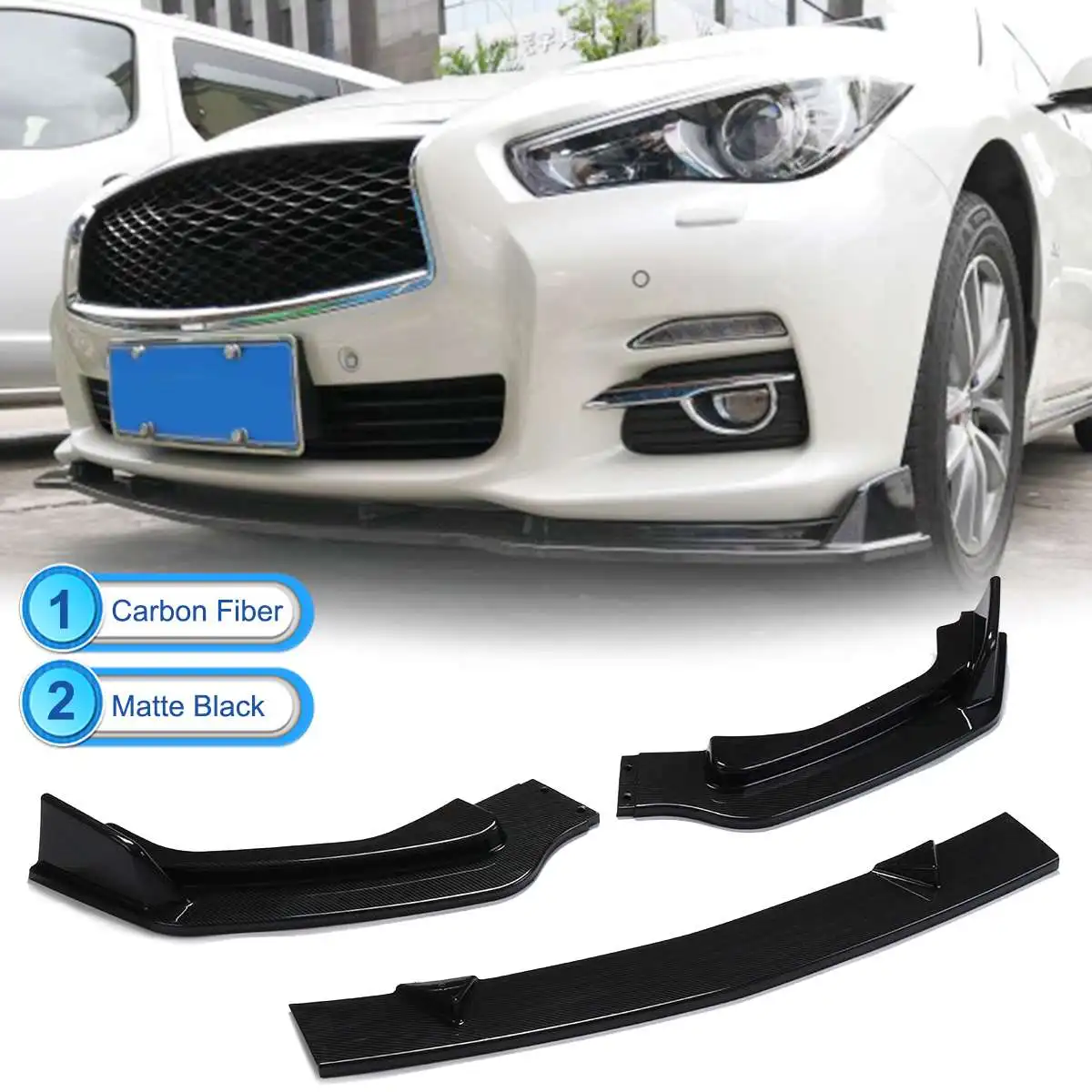 

3Pcs Front Bumper Carbon Fiber/ Matte Black PP Chin Lip Spoiler Splitters Protection Trim For INFINITI Q50 2014 2015 2016 2017