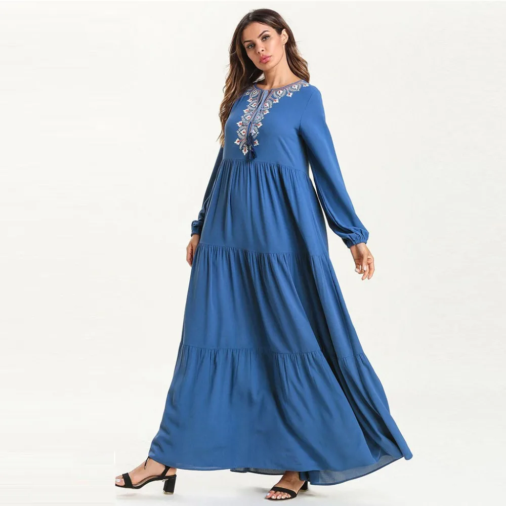 Женское платье макси с оборками Abaya Qatar длинное плиссированное вышивкой в