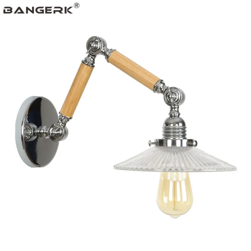 Loft Style Adjust LED Wall Lamp Edison Wood Glass Industrial Vintage Long Arm Sconce Wall Lights Bedside Home Decor Lighting LKA 