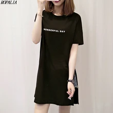 Women T Shirt Dress Round Neck Letter Print Short Sleeve Long T-Shirt Side Slit Simple Casual Korean Style Long Tops Women T Shirt Dress Round Neck Letter Print Short Sleeve Long T-Shirt Side Slit Simple Casual Korean Style Long Tops