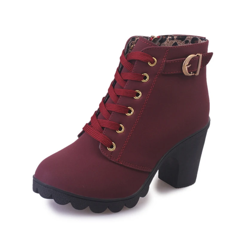 

COZULMA Women Sewing Lace-up Ankle Boots Shoes Lady High Heel Boots Round Toe Bootie 4 Color Size 35-41