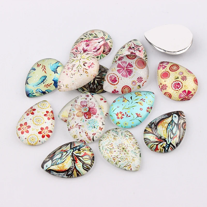 

Water Drop Mix Style Lovely Flowers 16pcs Glass Cabochon 18x25mm Flatback Dome Cabochon Base Setting DIY Accessories Jewelry