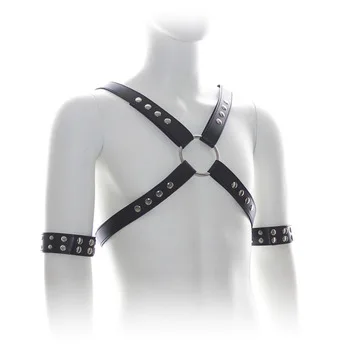 Male Bondage Punk Leather Adjustable Straps Chest Harness with Arm Rings Set Men